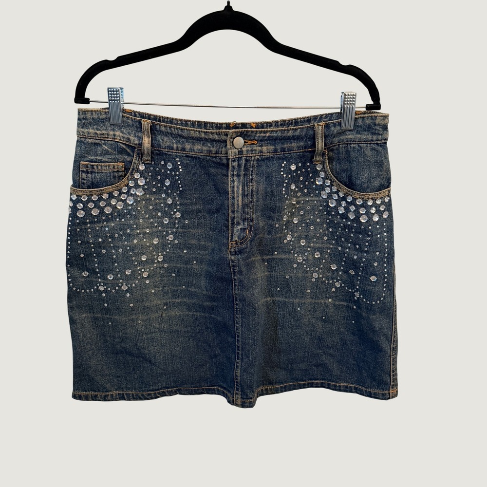Cache Denim Mini Skirt Womens 34 Blue Rhinestone Embellished Y2K Cotton
